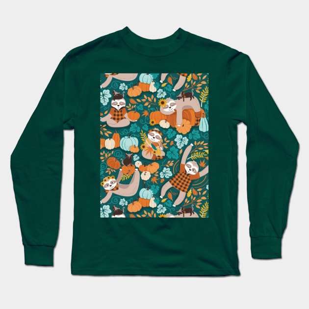 Sloths in pumpkin mood // pattern // green background orange teal and aqua autumnal pumpkins fall leaves shepherd’s check yellow sunflowers Long Sleeve T-Shirt by SelmaCardoso